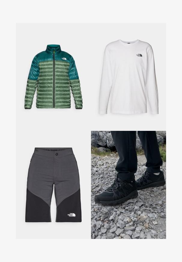 Giacca isolante verde con parte superiore verde scuro, chiusura con zip, colletto rialzato e design trapuntato. Presenta il logo The North Face sul petto.; T-shirt bianco a maniche lunghe in cotone con colletto rotondo. Presenta un piccolo logo nero sul petto. Texture liscia, vestibilità regolare.; Shorts grigi e neri con design a pannello, chiusura frontale con bottone e logo The North Face. Realizzati in un tessuto leggero e resistente.; Scarpe da esterni nere realizzate in mesh e materiale sintetico, con una parte superiore testurizzata, un sistema di allacciatura sicuro e una suola robusta, su terreno roccioso.