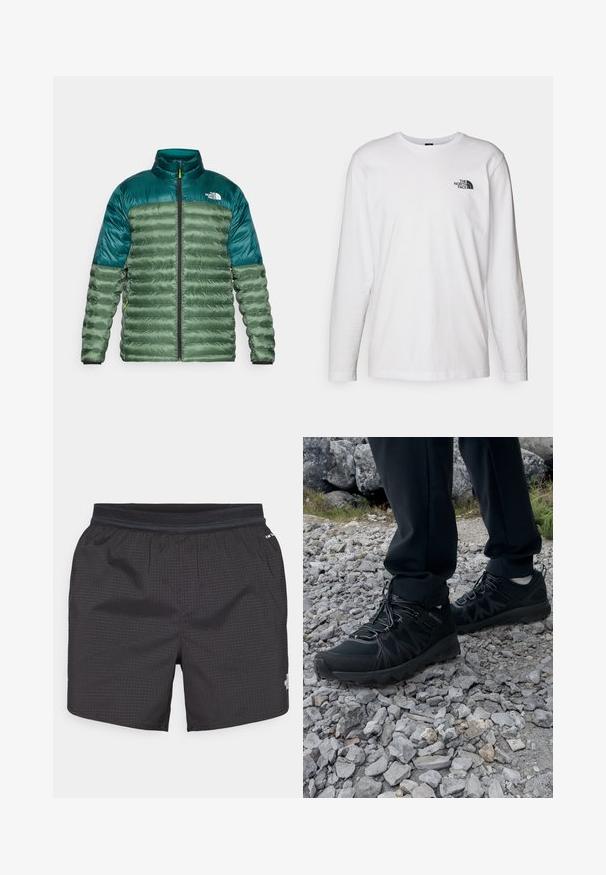 Grøn isoleret jakke med en mørkegrøn overdel, lynlås foran, stående krave og en fyldig quiltet design. Har The North Face-logoet på brystet.; Hvid langærmet T-shirt lavet af bomuld med rund hals. Har et lille sort logo på brystet. Glat tekstur, almindelig pasform.; Sorte badebukser lavet af letvægtsstof med et gittermønster. Har en elastisk talje og et logo foran.; Sorte udendørssko med mesh og syntetisk materiale, med en tekstureret overdel, sikre snørebånd og en robust ydersål, på klippelandskab.