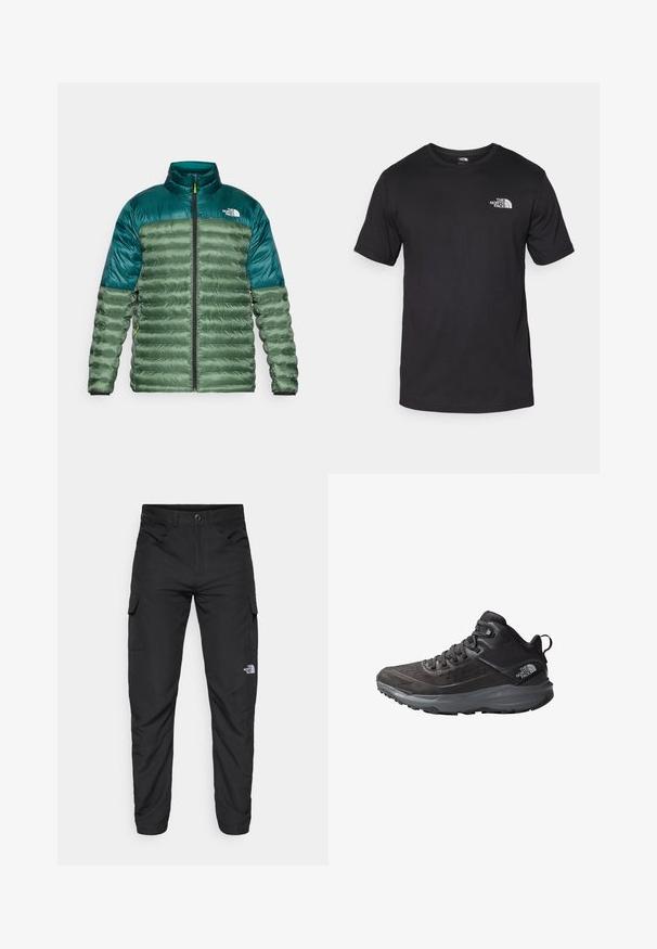 Zielona ocieplana kurtka z ciemnozieloną górą, z zamkiem z przodu, stójką i puszystym pikowanym wzorem. Posiada logo The North Face na klatce piersiowej.; Czarna koszulka z krótkim rękawem wykonana z bawełny, z okrągłym dekoltem i małym białym logo na górnej lewej części klatki piersiowej.; The North Face HORIZON czarny; Czarne buty trekkingowe z fakturowaną cholewką, wzmocnionym noskiem i szarym outsolem. Charakteryzują się sznurowanym zapięciem i wyściełanym kołnierzem wokół kostki.