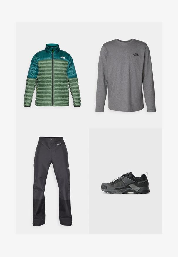 Green insulated jacket with a dark green upper, zip front, stand collar, and puffy quilted design. Features The North Face logo on the chest.; The North Face M L/S SIMPLE DOME TEE - Long sleeved top - medium grey heather; Black waterproof pants with a smooth texture, featuring a GORE-TEX logo on the front, and reinforced lower legs for durability.; Black trail running shoe with a durable mesh upper, reinforced toe cap, textured rubber sole, and elastic lacing system for secure fit.