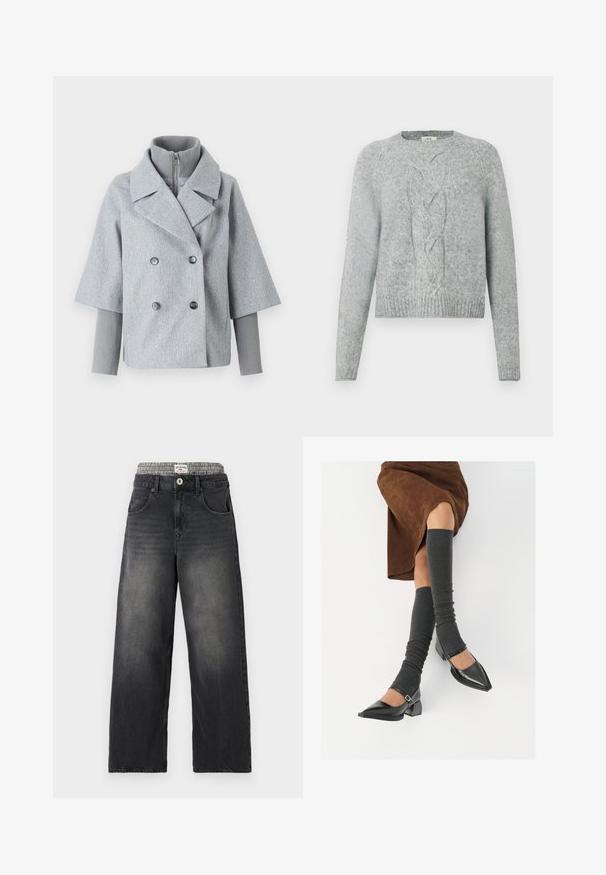 Siv našit dvojvratni jopič z širokimi reverji, kratkimi rokavi in rebrastim visokim ovratnikom. Ima dva temna gumba in teksturirano blago.; Svetlo sivi pleteni pulover z dolgimi rokavi, okroglo izrezom in osrednjim vzorcem pletenja s kabli spredaj.; Črne denim široke hlače z pasom v vzorcu houndstooth. Lastnosti vključujejo sprednje žepe in zapiranje na gumb. Imajo obrabljeno teksturo.; Črne lakirane čevlje s pointy prsti in blok peto ter z naramnicami za gleženj, ki jih kombiniramo s sivimi rebrastimi nogavicami in rjavim suknjičem iz usnja.