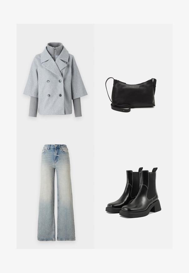Šedá dvojřadová bunda s širokými klopami, krátkými rukávy a žebrovaným vysokým límcem. Obsahuje dva tmavé knoflíky a texturovanou tkaninu.; Černý žebrovaný dlouhý rukáv těsně padnoucí svetr s kulatým výstřihem, vystavený na jednoduchém světlém pozadí.; Světle modré široké džínsy vyrobené z denimu, s vysokým pasem, pěti kapsami a viditelným švem podél švů.; Černé kožené chelsea boty s masivním podpatkem, elastickými bočními panely a kontrastním bílým prošitím. Texturovaný povrch.; Černá kožená taška přes rameno s hladkým povrchem, zakřiveným tvarem, nastavitelným popruhem a zipovým uzávěrem. Minimalistický design bez zdobení.