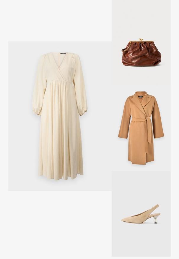 WEEKEND MaxMara CIVADA - Klassischer Mantel - camel; WEEKEND MaxMara FRANCIS - Freizeitkleid - ecru; Beige Wildleder Slingback-Schuh mit einer spitzen Zehenpartie und einem transparenten, runden Absatz. Glatte Textur und minimalistisches Design.; Braune Leder-Clutch mit goldener Verschlussrahmen und kurzem goldenen Kettenhenkel, die eine weiche, geraffte Textur auf weißem Hintergrund aufweist.