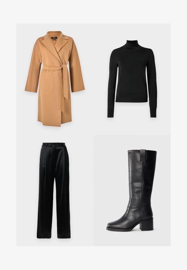 Weekend Max Mara CIVADA - Classic coat - camel; Black long-sleeve turtleneck sweater with ribbed cuffs and hem, displayed on a plain white background.; Black high-waist satin trousers with straight wide legs, belt loops, and a flat front closure against a plain white background.; Black leather knee-high boots with a smooth texture, square toe, block heel, and side pull tab, featuring minimal stitching details.