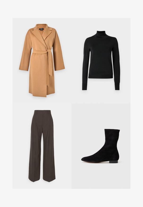 WEEKEND MaxMara CIVADA - Klasisks mētelis - camel; Melnas garām piedurknēm turtlenecks džemperis ar ribotām aprocēm un apakšmali, attēlots uz vienkārša balta fona.; Tumši brūni platajiem galiem bikses ar augstu jostasvietu, kas pieejamas ar uzmanīgi presētām krokām, gludu tekstūru un pielāgotu piegriezumu.; Melnas zamšādas potīšu zābaki ar piegulošu kāju daļu, smailu purngalu un zemu bloku papēdi. Gluda tekstūra un minimālistisks dizains, piemērots dažādai stilizācijai.