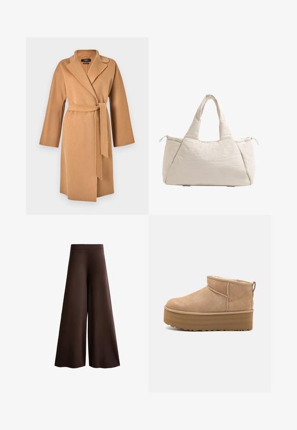 WEEKEND MaxMara CIVADA - Klassisk frakke - camel; Cremefarvet rullekravesweater med ribbet krave og manchetter, blød strikstruktur, afslappet pasform, sidesløft og en lidt længere bagkant.; Brune vide benbukser lavet af blødt stof, med høj talje, subtil tekstur og en flydende silhuet uden synlige lukninger eller prydelseselementer.; Beige ruskinds ankelstøvler med et blødt indre, der har en platformssål og en strop bagpå for nem påtagning. Tekstureret gummisål.; Beige quiltet tote taske med to håndtag, rund form, tekstureret stof og en snørelomme på siden. Glat overflade, minimalistisk design.