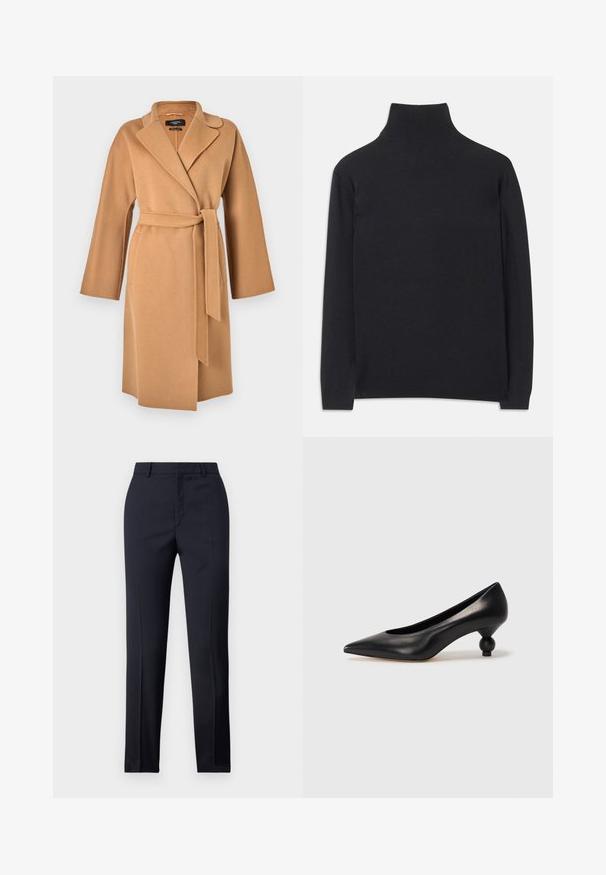 WEEKEND MaxMara CIVADA - Abrigo clásico - camel; Suéter negro de cuello alto hecho de tejido suave. Presenta mangas largas, un cuello alto y puños y dobladillo acanalados para un ajuste ceñido.; Pantalones de corte recto en color navy, con una textura suave, dos bolsillos delanteros y una cinturilla limpia.; Zapato de tacón alto de cuero negro con puntera afilada y un tacón redondeado y abombado. Textura suave con un diseño elegante y minimalista.