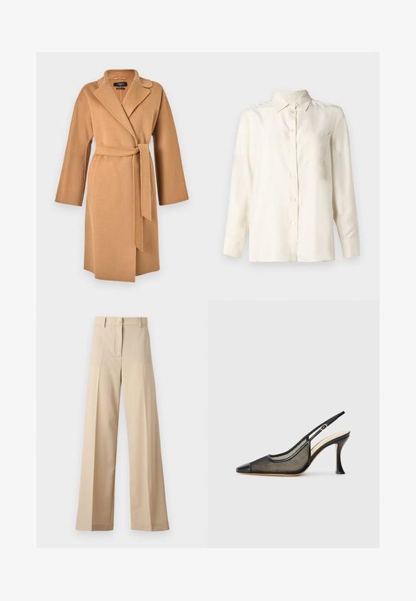 WEEKEND MaxMara CIVADA - Cappotto classico - camel; Camicia a maniche lunghe color crema, con bottoni, realizzata in un tessuto morbido, dotata di colletto e di una singola tasca sul petto. Design minimal e texture morbida.; Pantaloni beige a gamba larga realizzati in tessuto morbido, con fronte piatto e pieghe, zip e passanti per cintura. Vestibilità sartoriale complessiva.; Scarpa con tacco alto nera a slingback con punta appuntita, dettagli in rete e una finitura in pelle liscia. I colori includono nero e accenti beige.