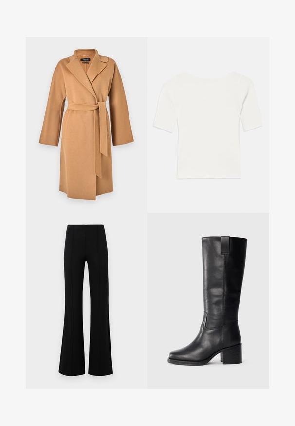 WEEKEND MaxMara CIVADA - Casaco clássico - camel; Top branco de malha com mangas curtas e decote largo. A textura apresenta riscas verticais, realçando um ajuste justo e um design simples.; Calças pretas de boca de sino com uma cintura alta, feitas de um tecido elástico. Apresentam detalhes de costura vertical na frente e uma textura suave.; Botas altas de couro preto com textura suave, bico quadrado, salto bloco e puxador lateral, apresentando detalhes de costura mínimos.