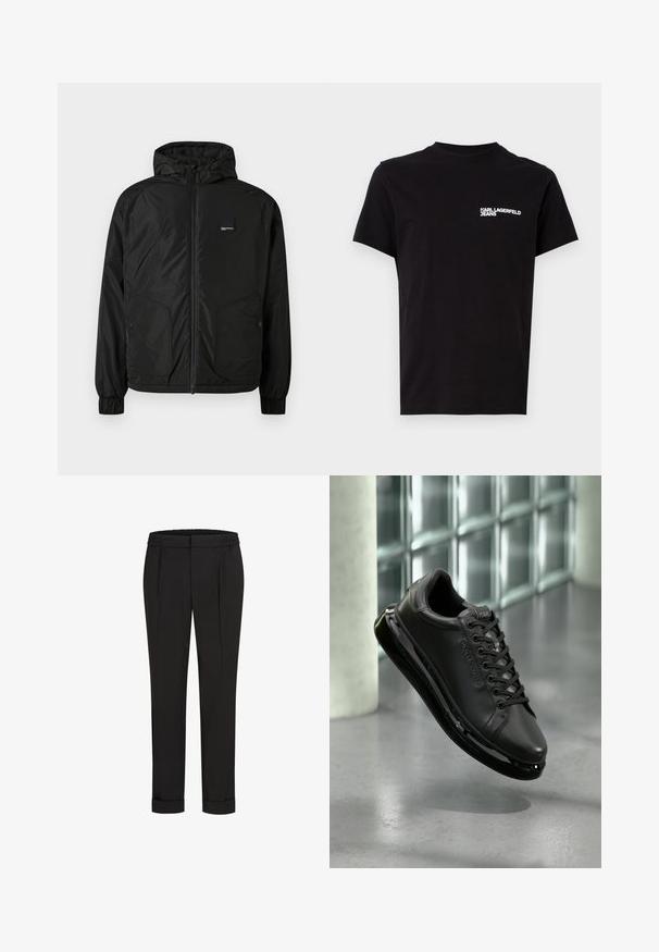 Juodas užtrauktuku užsegamas gobtuvu švarkas su elastinėmis rankovėmis, dviem priekinėmis mygtukinėmis kišenėmis ir mažu stačiakampiu logotipo ženklu kairėje krūtinės pusėje.; Juodas medvilninis marškinėlis su apvalia iškirpte ir trumpomis rankovėmis. Išskirtinė balta logotipo tekstas kairėje krūtinės pusėje. Paprastas dizainas.; Juodi kelnių su elastinga juosmena, tiesaus kirpimo ir sukurtomis rankovėmis. Pagaminti iš lygaus, audinio be raštų.; Juodas odinis sportbačiai su raišteliais, su paminkštintu padu ir atspindinčiais akcentais. Batas pakibęs virš lygaus paviršiaus.