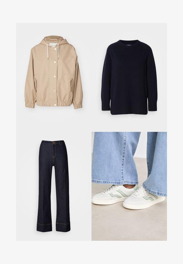 GANT LIGHT JACKET - Suvejakk - dark khaki; Tumedast mereväest sinine ümarakaelusega pikade varrukatega sviiter pehme kudumise tekstuuri ning soonikkudumisega varruka- ja alumise servaga helesinise tausta ees.; Tumed denim laiadegipüksid kõrge vöökohaga, millel on esine nupuvajutus ja oranžad õmblused. Ühtlane tekstuur kogu ulatuses.; Valged spordijalatsid heleda rohelise aktsendiga, tekstureeritud nahast ja lame kummist tallaga. Kombineeritud laiade jalgade denimpükstega.