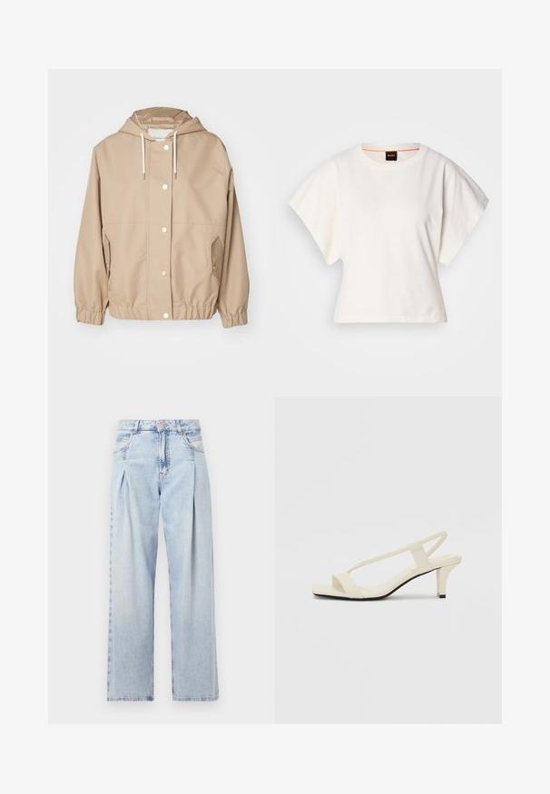 GANT LIGHT JACKET - Vasaras jaka - dark khaki; Balts īsais T-krekls, plašas īsas piedurknes, mīksts kokvilnas materiāls, apaļa kakla izgriezums ar delikātu oranžu apdari, minimāls dizains, bez rakstiem vai grafikām.; Gaiši zilas džinsu bikses ar augstu jostasvietu, plats kāju griezumu, divām sānu kabatām un krokotā dizaina akcentiem. Mīksta tekstūra ar izdilušu apdari.; Beige bloku papēžu sandales ar plānām siksnām un kvadrāta formas purngalu. Gluda materiāla virsma ar minimālām detaļām, paredzētas ērtai nēsāšanai.