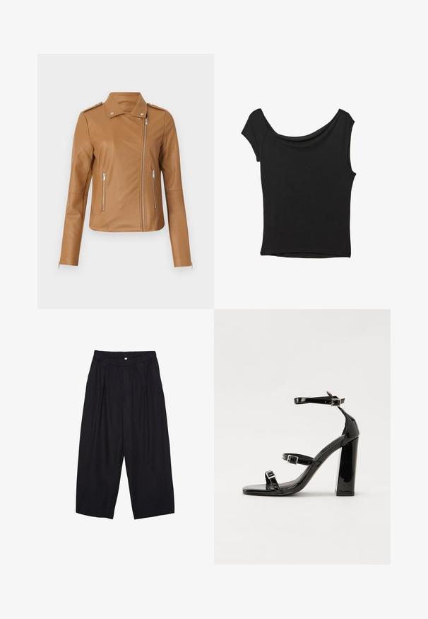 Hnedá faux kožená biker bunda s priliehajúcim strihom, so zipsovým uzáverom vpredu, dvoma bočnými zipsami a ramennými epauletmi. Hladká textúra a minimálne prešívanie.; Čierny krátky rukáv top vyrobený z hladkej tkaniny; má prehnutý výstrih a asymetrický lem, s priliehavým telom.; Čierne polyesterové culotte nohavice s elastickým pásom, dvoma prednými záhybmi a voľným strihom. Žiadne viditeľné vzory ani detaily z kovu.; Čierne lakované sandále na podpätku so štvorcovou špičkou, navlečenými remienkami okolo členku a striebornými prackami. Disponujú masívnym blokovým podpätkom pre stabilitu.