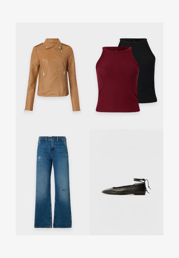 Bež umetna kožna moto jakna s prilagođenim dizajnom, zatvaranjem na patentni zatvarač, s dva bočna patentna zatvarača i epauletama na ramenima. Glatka tekstura i minimalno šivanje.; Dva rebrasta topa: jedan bordo i jedan crni. Oba imaju visoki ovratnik, prilagođenog su kroja i glatke teksture.; Plave traperice širokih nogavica s izblijedjelom teksturom, koje imaju dva oštećena područja na prednjoj strani, zatvaranje na gumbe i dizajn s pet džepova.; Crne kožne baletanke s oštrim prstom, vezanjem oko članaka i ravnim potplatom, s glatkom teksturom i minimalističkim dizajnom.