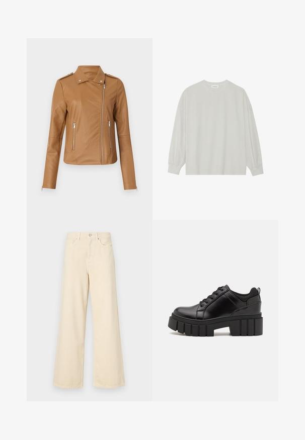 Giacca biker in ecopelle color sabbia con design aderente, chiusura con zip frontale, due zip laterali e spalline. Texture liscia e cuciture minime.; T-shirt a maniche lunghe grigio chiaro realizzato in cotone morbido. Presenta una vestibilità ampia, scollatura rotonda e polsini delicatamente arricciati. Nessun motivo o grafica.; Jeans beige a gamba larga in cotone. Caratterizzati da chiusura con bottone, passanti per cintura e tasche anteriori con una consistenza liscia e morbida.; Scarpe platform in pelle nera con tacco a blocco robusto, punta rotonda e design tradizionale con lacci. Presentano una superficie liscia e dettagli minimi.