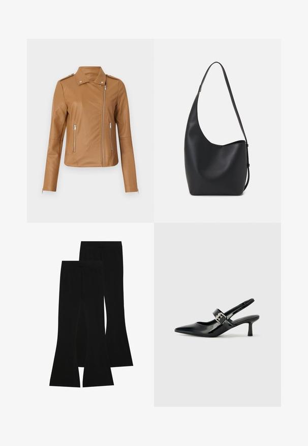 Kohvilaadne faux nahast nahktagi, millel on istuv disain, lukuga eesmine osa, kaks külglukku ja õlavarre epauletid. Sile tekstuur ja minimaalne õmblus.; Must muströöpidega must puuvillane T-särk, vasakul rinnal on väike roosa liblikas. Ümar kaelus ja vabalt istuv lõige.; Mustad klombid, mis on valmistatud venivast kangast, kõrge vöökoht ja siledat tekstuuri, sobiva disainiga, mis laienevad põlve kõrguselt.; Mustad patenteeritud nahast sildiga kontsad, millel on terav nina ja väike plokk-konts, mille rihmal on hõbedane pandla aksessuaar.; Mustast nahast hobo kott, millel on sile tekstuur, kumer kuju ja üks reguleeritav rihm; peal on lai avaus.