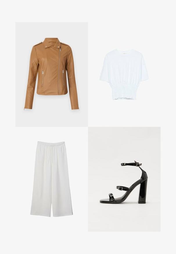 Tan faux usnjeni motoristični jakna z prilegajočim dizajnom, zadrgo spredaj, dvema stranskima zadrgama in epauletami na ramenih. Gladka tekstura in minimalno šivanje.; Bela majica s kratkimi rokavi sproščenega kroja in z gubanim materialom na pasu. Narejena iz mehkega, lahkega blaga.; Bele široke hlače iz lahkega materiala, ki imajo elastičen pas in vrvico za prilagajanje. Gladka tekstura.; Črne lakirane sandale s peto, kvadratnim prstom, trakovi okrog gležnja in srebrnimi zaponkami. Opremljene so s stabilno Debelo peto.