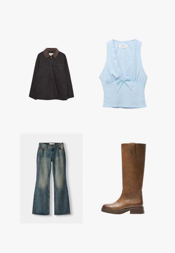 Giacca scura e morbida con colletto in corduroy, chiusura con zip, due tasche anteriori e tasca sul petto con zip. Presenta un design a vestibilità rilassata.; Top corto azzurro chiaro in tessuto strutturato, con scollatura a V profonda e un piccolo fiocco in vita. Design senza maniche con una forma aderente.; Jeans flare blu con lavaggio sbiadito, cinque tasche e chiusura con bottone. Il materiale presenta una trama in denim con dettagli di cucitura sottili.; Stivale marrone in pelle alto fino al ginocchio, con punta tonda, superficie testurizzata e tacco basso impilato. Presenta un pannello laterale e una linguetta di apertura in cima.