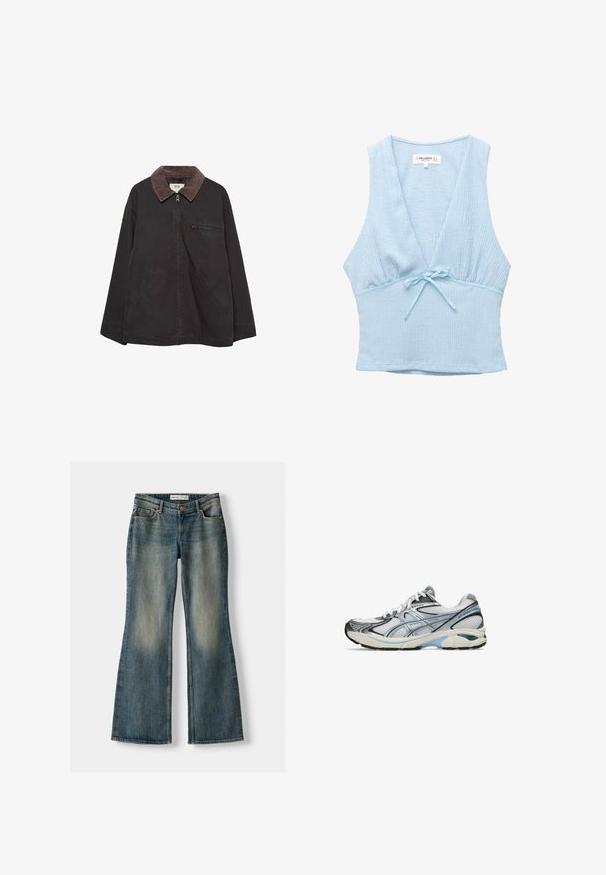 Ciemna, miękka kurtka z kołnierzem sztruksowym, z zapięciem na zamek, dwoma przednimi kieszeniami oraz kieszenią na zamku na klatce piersiowej. Posiada luźny krój.; Jasnoniebieski crop top z teksturowanej tkaniny, głębokim dekoltem w literę V i małym detalem w postaci kokardki w talii. Bez rękawów, dopasowany krój.; Niebieskie dżinsy w fasonie dzwonów z wyblakłym wykończeniem, pięcioma kieszeniami i zapięciem na guzik. Materiał ma fakturę dżinsu z subtelnymi detalami szycia.; Buty biegowe z siateczkową cholewką w kolorze białym i szarym, z czarnymi detalami i niebieskimi paskami. Gruba podeszwa z gumową przyczepnością. Lekka konstrukcja.