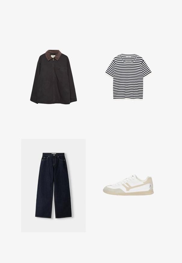 Tmavá, mäkká bunda s kordovou golierom, zipsovým uzáverom, dvoma prednými vreckami a zipsovým vreckom na hrudi. Má uvoľnený strih.; Prúžkované tričko vyrobené z bavlny, s tmavomodrými a bielymi horizontálnymi pruhmi, má okrúhly výstrih a krátke rukávy. Hladká textúra.; Tmavomodré denimové nohavice s širokými nohavicami a vysokým pásom, s piatimi vreckami, kontrastným prešívaním a striebornými kovovými doplnkami. Hladká textúra a čisté prevedenie.; Biele športové topánky s svetlo béžovými akcentami. Vyrobené z kože a semišu, s čipkovým dizajnom, gumovou podrážkou a zaoblenou špičkou.