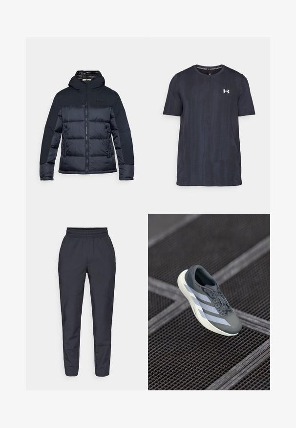 Marineblaue Pufferjacke mit Reißverschluss vorne, Kapuze und gesteppten Teilen. Sie verfügt über ein Logo auf der Brust und strukturierten Stoff an den Schultern.; Dunkelblaues Kurzarm-T-Shirt aus atmungsaktivem Stoff, mit einem strukturierten Muster und einem weißen Under Armour-Logo auf der Brust.; Marinefarbene, schmal zulaufende Hosen aus weichem Stoff mit einem elastischen Bund, seitlichen Taschen und einer glatten Textur mit dezenten Nähdetails.; Sportsschuh in Grau und Weiß, aus synthetischem Material gefertigt, mit einem schlanken Design, strukturiertem Finish und ausgeprägtem Schnürsystem.