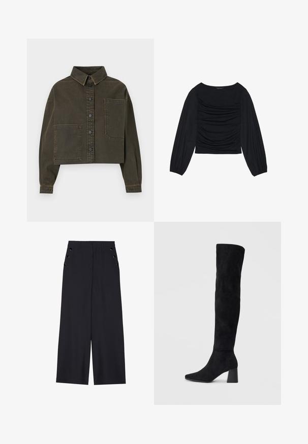 Kratka traper jakna u tamnozelenoj boji s gumbima sprijeda, ovratnikom u obliku točke i velikim džepom na prsima. Ima kontrastne šavove i duge rukave.; Crna bluzica dugih rukava s naboranim detaljima na prednjem dijelu i na zapešćima, izrađena od mekog, rastezljivog materijala s izrezom u obliku čamca.; Hlače širokih nogavica od tamnoplave tkanine, s glatkom teksturom, prednjim ispupčenjima i dekorativnim zlatnim okovama na bočnim džepovima.; Crne antilop čizme do koljena s blok potpeticom, šiljastim prstom i glatkim, bešavnim dizajnom na običnoj svijetloj pozadini.