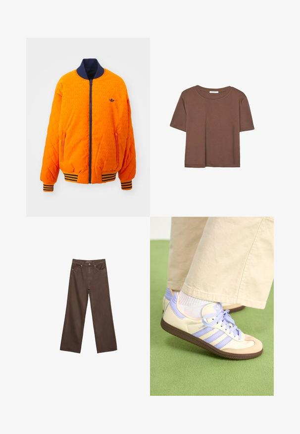adidas Originals Bomberjacke - unity orange/night indigo; Braunes, kurzärmliges T-Shirt aus weichem Material mit rundem Halsausschnitt und lockerer Passform. Keine sichtbaren Muster oder Akzente.; Weite braune Jeans aus Denim, mit hoher Taille, Fronttaschen und klassischem Knopfverschluss. Glatte Textur mit feinen Nähten.; Cremefarbene und lavendelfarbene Sneakers mit drei Streifen und einer strukturierten braunen Sohle, ausgestattet mit Schnürsenkeln und einer gepolsterten Ferse. Obermaterial aus weichem Stoff.