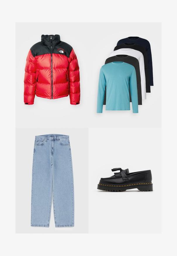 Red puffer jacket with a black quilted upper portion. Features a high collar, front zipper, logo on the chest, and elastic cuffs. Smooth texture.; Five long-sleeve T-shirts in a row: turquoise, black, white, dark gray, and navy blue. Soft fabric with crew neck design and standard fit.; Light blue denim jeans with straight leg design, featuring a mid-rise waist, five pockets, and a button and zipper closure.; Black leather loafer with a tasseled accent, featuring a chunky black sole and yellow stitching along the edge. Textured finish.