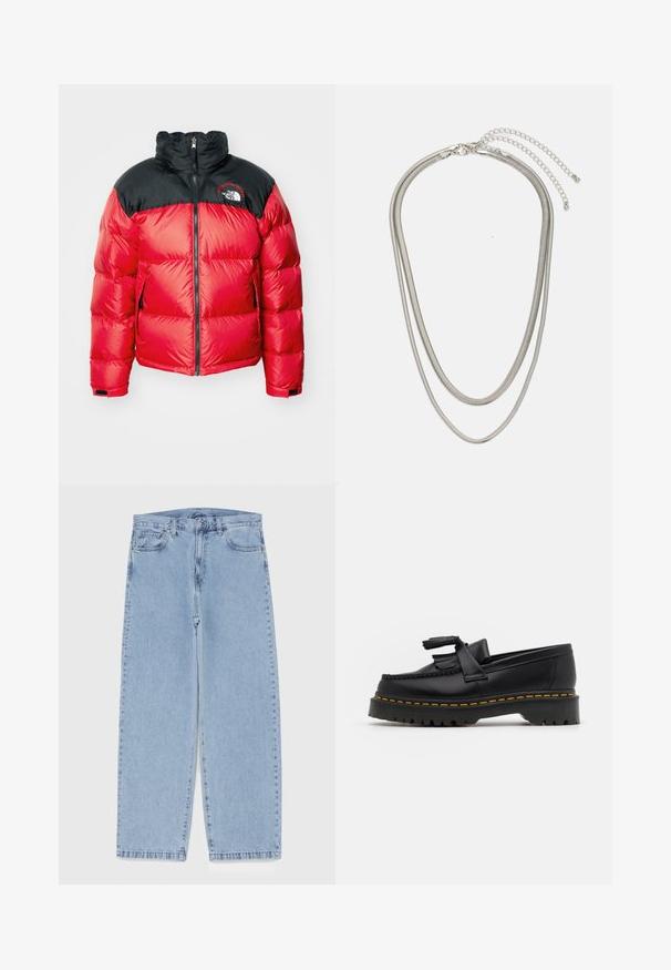 Crvena puffer jakna s crnim kviltanim gornjim dijelom. Ima visoki ovratnik, prednji patentni zatvarač, logotip na prsima i elastične manžetne. Glatka tekstura.; Pet dugih rukava u nizu: tirkizna, crna, bijela, tamno siva i mornarsko plava. Mekani materijal s dizajnom okruglog izreza i standardnim krojem.; Svijetloplave traperice s ravnim nogavicama, sa srednjim strukom, pet džepova i zatvaranjem na dugme i patentni zatvarač.; Crna kožna loaferica s resicama, koja ima čvrst crni potplat i žute šavove duž ruba. Teksturirana završna obrada.; Necklace od tri sloja srebrnog metala s elegantnim, fleksibilnim lančićima blagog sjaja, zatvoren s karabinera i prilagodljivim lančićem.