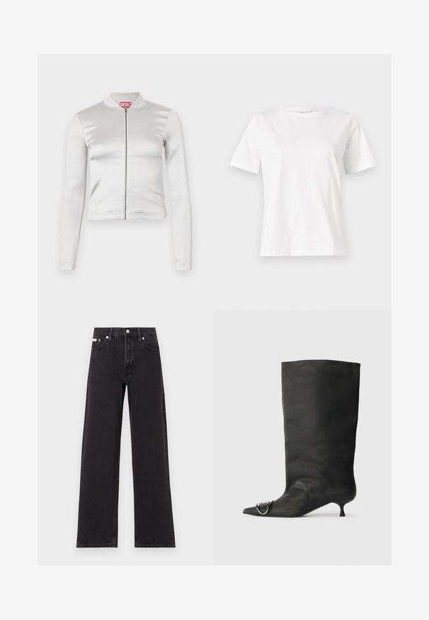 White satin zip-up jacket with long sleeves, fitted design, ribbed collar, and red logo detail at neck. Smooth texture with minimal sheen.; White cotton t-shirt with short sleeves, round neckline, and a relaxed fit. Smooth texture, no patterns or accents, minimalistic design.; Black wide-leg jeans made of denim, featuring a high-rise waist, five-pocket styling, and a metal button closure with contrasting stitching.; Black leather ankle boot with a pointed toe, small heel, and metallic accent detail on the toe. Smooth, matte texture throughout.