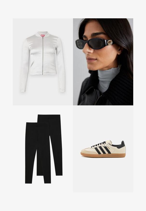Biely saténový zipsový kabát s dlhými rukávmi, priliehavý strih, rebrovaný golier a červený logo detail na krku. Hladká textúra s minimálnym leskom.; Biely bavlnený top bez rukávov s okrúhlym výstrihom a priliehavým strihom. Hladká textúra, jednoduchý dizajn a minimálne švy.; Čierne legíny vyrobené z elastického materiálu, s bezšvovým pásom a elegantným strihom, vhodné na bežné nosenie alebo cvičenie.; Béžová športová obuv s čiernymi pruhmi, gumovou podošvou a čiernymi akcentami. Má hladký kožený zvršok a zaoblený dizajn prstov.; Čierne slnečné okuliare s elegantným obdĺžnikovým rámom a zlatým logom na boku. Tmavé šošovky a lesklý povrch sú výrazné.; Čierna a strieborná taška adidas s hladkým povrchom, s lesklým nitovaným vzorom a výrazným zakriveným dizajnom.