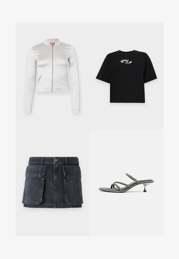 Biely saténový zipsový kabát s dlhými rukávmi, priliehavý strih, rebrovaný golier a červený logo detail na krku. Hladká textúra s minimálnym leskom.; Čierne bavlnené tričko s krojovaným dizajnom, krátkymi rukávmi a okrúhlym výstrihom. Na hrudi sa nachádza kontrastné oválne logo.; Čierna džínsová sukňa s priliehavým pásom, zapínaním na gombík, dvoma veľkými prednými vreckami a kontrastným šitím.; Denimové sandále s tromi tenkými popruhmi ozdobenými kamienkami, špicatou špičkou a kovovým, ihlovým podpätkom. Neklzká základňa.