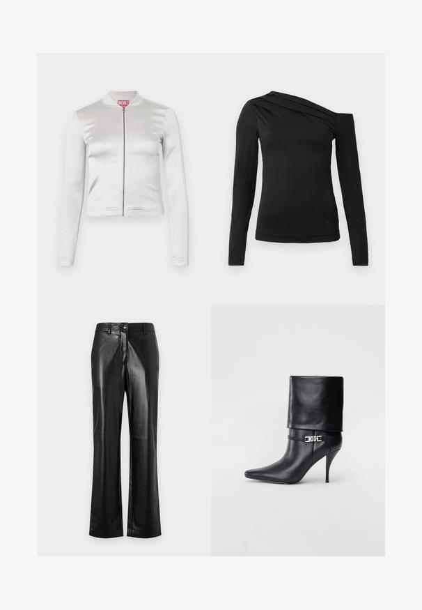 White satin zip-up jacket with long sleeves, fitted design, ribbed collar, and red logo detail at neck. Smooth texture with minimal sheen.; Black long-sleeve top with an asymmetrical neckline, featuring one shoulder exposed and gentle draping across the chest.; Black leather pants with a straight leg design, featuring a front button closure, belt loops, and a smooth, polished texture.; Black leather ankle boot with a pointed toe, high stiletto heel, fold-over cuff, and a gold decorative buckle detail on the ankle.