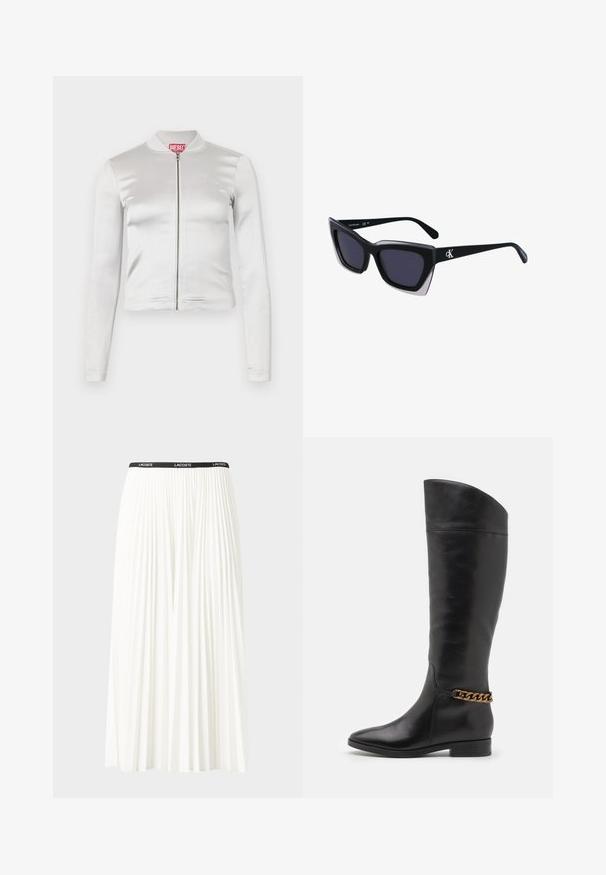 Fehér selyemfényű zipzáras dzseki hosszú ujjal, szabott dizájnnal, bordázott gallérral és piros logó részlettel a nyaknál. Simára kidolgozott textúra, minimális fényességgel.; Fehér alapú, vízszintes sötétkék csíkos pamut póló. A mellkason írásos stílusban hímzett "Tommy Hilfiger" felirat. Kerek nyakú.; Plisszírozott fehér szoknya fekete elasztikus derékkal, amelyen a "LACOSTE" logó található. Középhosszú kialakítás, puha tapintással.; Magas fekete bőrcsizma áramvonalas dizájnnal, hegyes orral és arany lánc díszítéssel a bokán. Alacsony, tömbsarkú. Sima felület.; Fekete, nagyméretű napszemüveg geometrikus formával, sötét lencsékkel és kontrasztos szürke részlettel a kereten. Logó a szárán.; Ezüst karika fülbevalók sima, fényes felülettel, ívelt formával és postazáras zárral. Minimalista, modern kivitel.