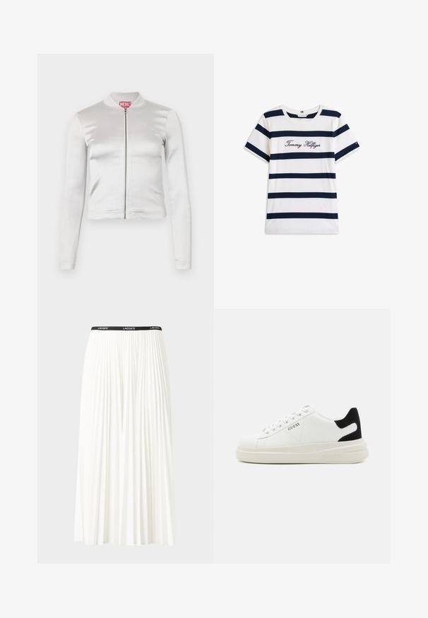Chaqueta blanca de satén con cremallera, de mangas largas, diseño ajustado, cuello acanalado y detalle del logo rojo en el cuello. Textura suave con un brillo mínimo.; Camiseta de algodón con rayas horizontales azul marino sobre un fondo blanco. "Tommy Hilfiger" bordado en cursiva en el pecho. Escote de tipo crew.; Falda blanca plisada con una cinturilla elástica negra que presenta el logotipo "LACOSTE". Diseño de longitud media con textura suave.; Zapatillas blancas de cuero con una suela blanca gruesa, acento en el talón de ante negro y logo grabado en el lateral. Diseño de cordones con seis ojales.