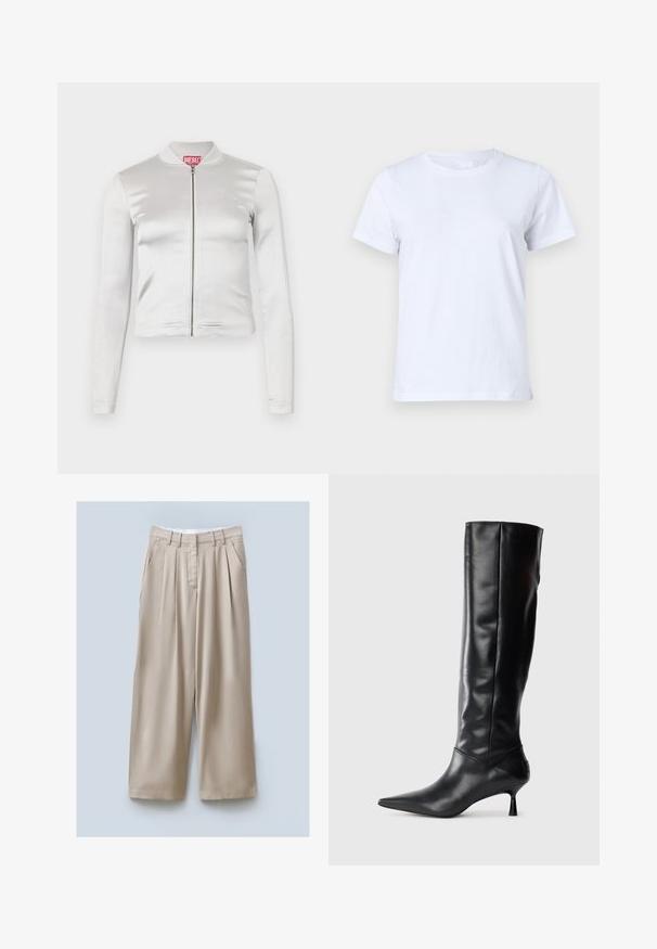 Biely saténový zipsový kabát s dlhými rukávmi, priliehavý strih, rebrovaný golier a červený logo detail na krku. Hladká textúra s minimálnym leskom.; Biely bavlnený tričko, krátke rukávy, klasický strih s okrúhlym výstrihom, hladká textúra bez vzorov alebo akcentov, štandardný strih, jednoduché a univerzálne.; Béžové široké nohavice s textúrovaným povrchom, obsahujúce dve bočné vrecká, predné puky a pás pre bezpečné nosenie.; Čierna kožená vysoká čižma po kolená s špicatou špičkou a štíhlym zakriveným opätkom. Hladká textúra, priliehajúci dizajn a žiadne viditeľné kovanie alebo vzory.