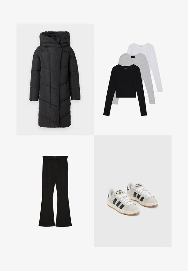 Črna puhovka z velikim kapuco, z diagonalnim prešitim vzorcem, dolgimi rokavi in ravnim krojem, ki sega čez kolena.; Tri dolga rokava zložena: črna, siva in bela. Vsaka ima okroglo izreznico in skrajšan dizajn z gladkim, lahkotnim materialom.; Črne flare leggings iz raztegljive tkanine. Imajo širok pas in gladko teksturo, s prilegajočo silhueto, ki se na robu razširi.; Sive športne čevlje iz semiša z belimi vezalkami, črnimi črtami in belim gumijastim podplatom. Imajo okroglo oznako na ježku in podplat iz gume.