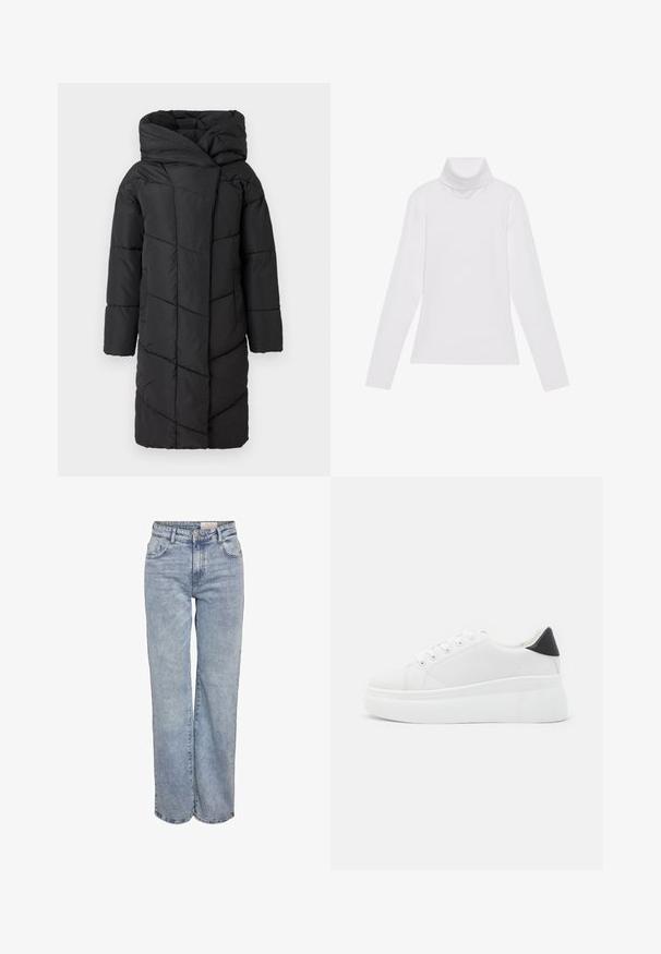 Juodas pūkinis paltas su didele kapišonu, pasižymintis įstrižai pjaustytu raštu, ilgomis rankovėmis ir tiesia šleifine kirpimo linija, kuri siekia žemiau kelių.; Baltas ilgomis rankovėmis turtleneko tipo marškinėliai, pagaminti iš lygaus, tamprus audinys. Yra aukštas apykaklė ir prisitaikantis dizainas, be matomų raštų ar papuošimų.; Šviesiai mėlyni plačios kojų džinsai, pagaminti iš džinsinio audinio, pasižymintys aukštu liemeniu, penkių kišenių dizainu ir subtiliu blukimu, kad atrodytų jau dėvėti.; Balti platforminiai sportbačiai, pagaminti iš lygios sintetinio audinio, su apvaliu pirštu, raištelių užsegimu ir tekstūruota guma padanga. Juodas kulno akcentas.