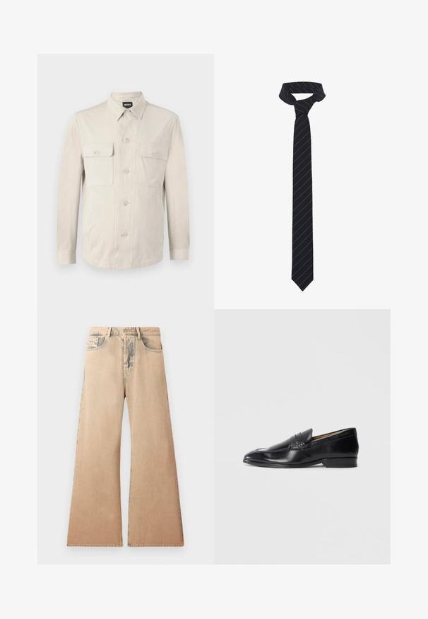 Camisa abotonada beige claro con mangas largas, dos bolsillos frontales y collar clásico. Hecha de una tela suave con un ajuste relajado.; Camisa blanca de manga larga hecha de tela texturizada, con un cuello clásico, cierre de botones en la parte delantera y dobladillo recto, con un ajuste relajado.; Jeans de pierna ancha en color beige con textura desgastada, diseño de cinco bolsillos y detalles de costura a lo largo de las costuras. La cintura tiene un cierre tradicional con botón.; Mocasin de piel negra con un acabado suave, punta afilada y un discreto detalle de costura. Presenta un tacón plano y un logo grabado en el costado.; Corbata negra con rayas diagonales azules, hecha de una tela lisa. Presenta un extremo afilado y un lazo anudado en la parte superior.