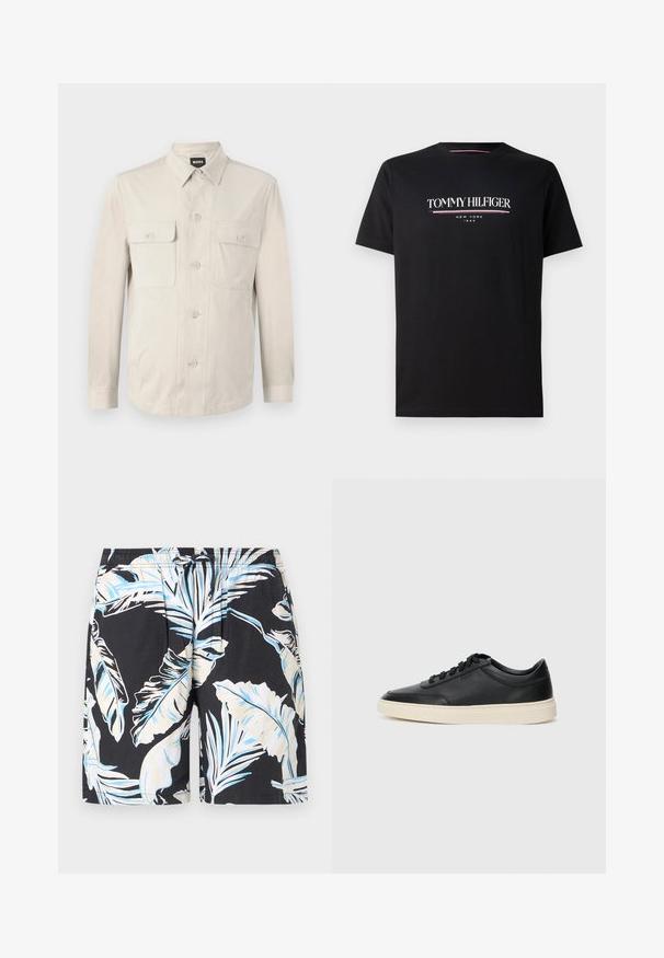 Világos bézs színű, gombos ing hosszú ujjal, két elülső zsebbel és klasszikus gallérral. Simító anyagból készült, laza fazonú.; Fekete pamut póló, fehér és színes "TOMMY HILFIGER" logóval, alatta kisebb betűkkel "NEW YORK" és "1985" felirattal. Rövid ujjú, kerek nyakú.; Fekete úszóshort, nagy fehér és kék trópusi levélmintával, elasztikus derékpánttal zsinórral, sima szövettextúrával.; Fekete, alacsony szárú bőrsneaker fekete fűzőkkel és törtfehér talppal, oldalnézetben, fehér háttér előtt.