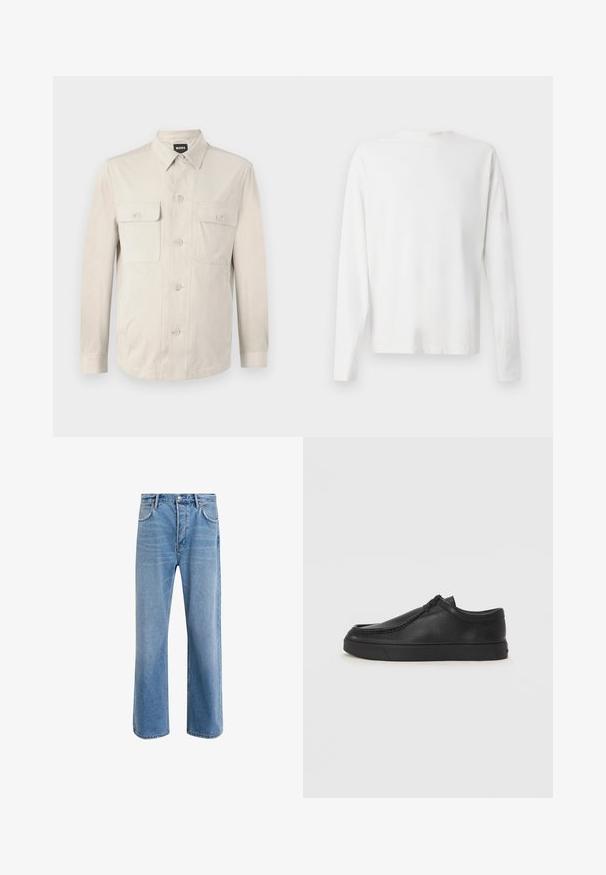 Světlé béžové košile na knoflíky s dlouhými rukávy, dvěma předními kapsami a klasickým límcem. Vyrobeno z hladkého materiálu s pohodlným střihem.; Bílá bavlněná košile s dlouhým rukávem a kulatým výstřihem, s bočními rozparky na spodní části a hladkým povrchem, vystavená zezadu.; Světle modré džínové kalhoty s rovnými nohavicemi, pěti kapsami, zapínáním na knoflík, minimálním vyblednutím a kontrastním prošitím.; Černé kožené nazouvací boty s kulatou špičkou, prošitím a černou gumovou podrážkou. Hladký povrch s minimalistickým designem.