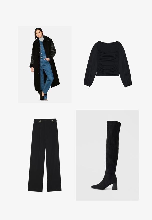 Must musta karusnahast mantel nahkvarrukatega, üle mõõtme disain, nööpidega sulgemine, kantud denim jumpsuudi peal, millel on taskud ja kõrge krae.; Must mustaga, millel on ees ja randmetel kokku tõmmatud kangadetailid, valmistatud pehmest ja venivast materjalist ning paadi kaelusega.; Mustad laiad püksid kõrge vöökoha ja nööpdetailidega vööandil, esikortsudega.; Must must ümberpööratud musta nahast põlve kõrgune saapad blokknõelaga, terava varbaga ja sujuva, õmblusteta disainiga, asetatud heledale taustale.