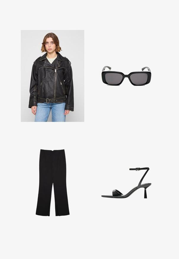Černá kožená motorkářská bunda s vysokým límcem, stříbrnými zipy a páskovými detaily; má uvolněný střih a viditelné švy.; Černý top na ramínka vyrobený z bavlny, s kulatým výstřihem a širokými průramky. Hladká textura s prošitými lemy. Klasický, minimalistický design.; Černé kalhoty s rovným střihem, s předními kapsami a bočními rozparky na lemu. Vyrobené z jemné, hladké tkaniny. Vhodné na různé příležitosti.; Bershka Sandály na vysokém podpatku - black; Černé obdélníkové sluneční brýle s tmavými skly, hladkým plastovým rámem a zakřivenými stranicemi. Design je robustní s minimalistickou estetikou.