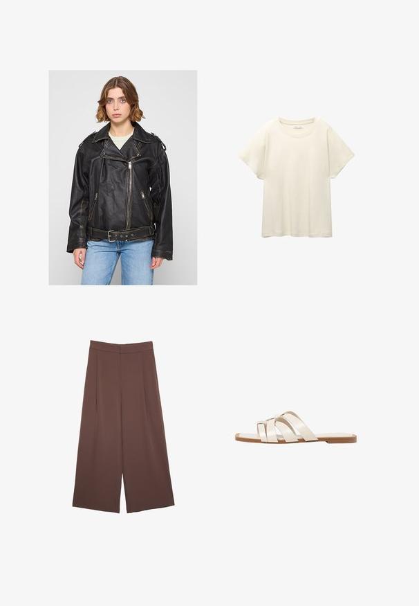Černá kožená motorkářská bunda s vysokým límcem, stříbrnými zipy a páskovými detaily; má uvolněný střih a viditelné švy.; Svetle béžové tričko s krátkým rukávem a kulatým výstřihem, vyrobené z jemné, hladké tkaniny. Má uvolněný střih a rovný lem.; Hnědé široké kalhoty s hladkou texturou, vysokým pasem a předními záhyby. Materiál je lehký a volně splývá.; Ploché sandály s hnědou gumovou podrážkou, navržené se třemi překrývajícími se bílými koženými řemínky a malým mašlí uprostřed.