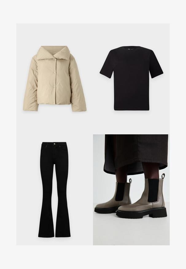 Beige prošívaná bunda s širokým límcem, zapínáním na knoflíky vpředu a spadenými rameny. Měkká textura, zkrácený střih a jemné detaily šití.; Černé tričko s krátkým rukávem a kulatým výstřihem, vyrobené z měkké bavlněné látky. Jednoduchý design, žádné viditelné logo nebo vzory.; Černé vysoké džíny s knoflíkem a zipovým zapínáním, předními kapsami a rozšířenými nohavicemi, ležící na bílé podložce.; Šedé kotníkové boty vyrobené z texturované kůže s elastickými bočními panely a masivní černou podrážkou. Obsahují poutka pro snadné obouvání.