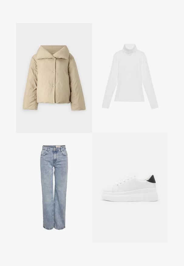 Beige polstret jakke med bred krage, knappestolpe foran og senkede skuldre. Myk tekstur, kort design og subtile søm detaljer.; Hvit langermet høyhalset topp laget av glatt, elastisk stoff. Har høy krage og tettsittende design, uten synlige mønstre eller dekorasjoner.; Lys blå vide jeans laget av denim, med høy midje, fem-lommers design og subtile falminger for et slitt utseende.; Hvite plattform sneakers laget av glatt syntetisk materiale, med rund tå, snøring og en strukturert gummisåle. Svart hæl akcent.