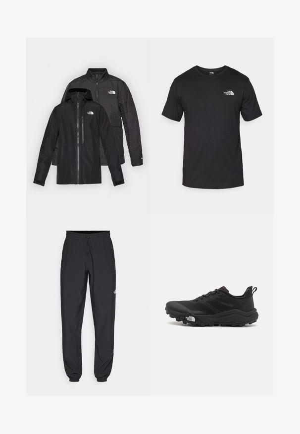 Jaquetas pretas para o exterior empilhadas: um casaco impermeável com capuz e bolsos com fecho éclair sobre uma jaqueta acolchoada isolante com costuras horizontais.; T-shirt preto de manga curta feito de algodão, com um decote redondo e um pequeno logótipo branco na parte superior esquerda do peito.; Calças atléticas pretas feitas de tecido leve, com um cós ajustável por cordão, bolsos laterais e punhos afunilados nos tornozelos.; Sapatilha de trail running preta com um upper texturizado, sola de borracha e biqueira reforçada. Possui um colarinho acolchoado e uma alça para facilitar o calçar.