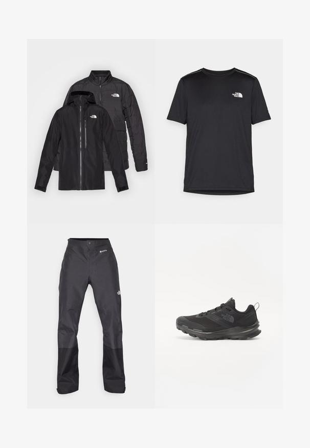 Crne vanjske jakne složene: vodootporna jakna s kapuljačom i džepovima na zatvarač preko debele, izolirane jakne s horizontalnim šavovima.; Crna majica kratkih rukava izrađena od lagane tkanine. Ima mali bijeli logo na lijevoj strani grudi i suptilne naglaske na ramenima.; Crne vodootporne hlače s glatkom teksturom, s GORE-TEX logotipom sprijeda i ojačanim donjim dijelovima nogavica za izdržljivost.; Crne sportske tenisice s mrežastim gornjim dijelom, gumiranom potplatom i podstavljenim rubom. Imaju vezice, logo sa strane i teksturirani dizajn.