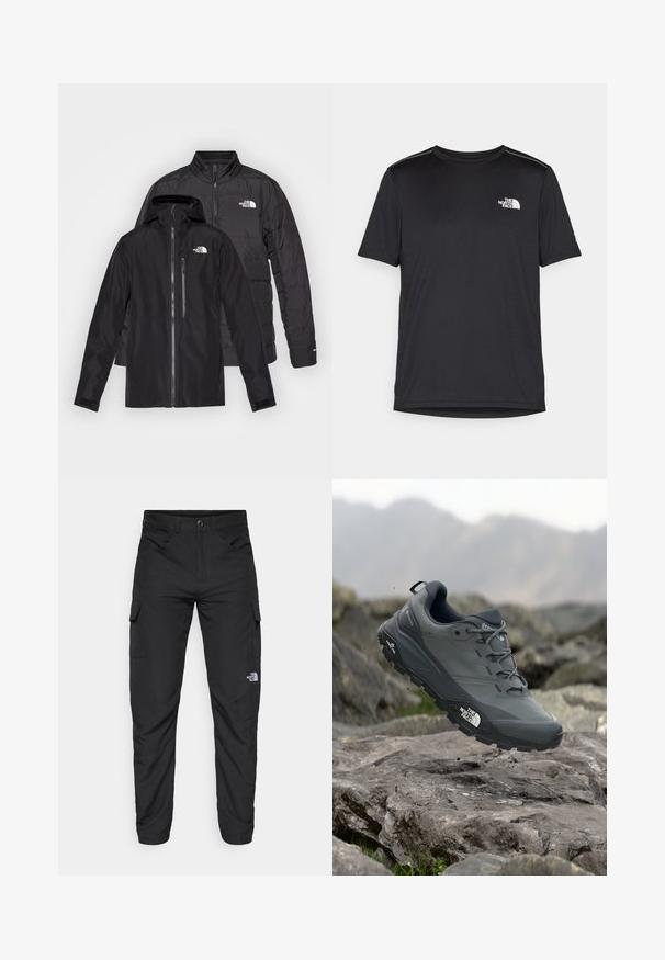 Black outdoor jackets stacked: a waterproof coat with a hood and zippered pockets over a puffy insulated jacket with horizontal stitching.; Black short-sleeve T-shirt made from lightweight fabric. Features a small white logo on the left chest and subtle shoulder accents.; The North Face HORIZON PANT - Outdoor trousers - black; Grey trail running shoe with a textured upper, durable rubber sole, and reinforced toe cap. Features laces and brand logo on the side.