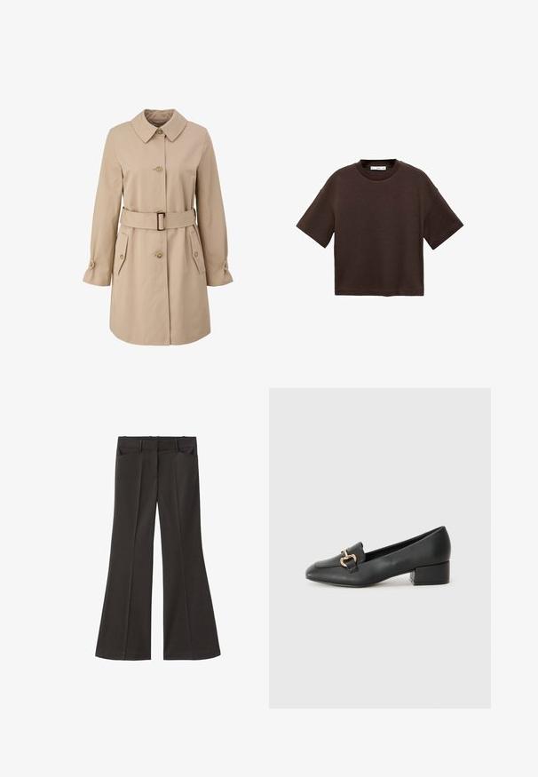 Beige trenchcoat met een grote kraag, drie knopen aan de voorkant, een riem in de taille en zijzakken. Gemaakt van gladde stof met een subtiele textuur.; Bruine T-shirt met korte mouwen, gemaakt van zachte katoen. Heeft een ronde halslijn en een recht model, met een gladde textuur en geen zichtbare patronen.; Zwarte flared broek met een hoge taille; beschikt over twee voorkeurszakken en een gladde stoftextuur. Geschikt voor verschillende gelegenheden.; Zwarte lederen instappers met een platte hak, met een decoratieve gouden hardware detail aan de voorkant en een gladde textuur.